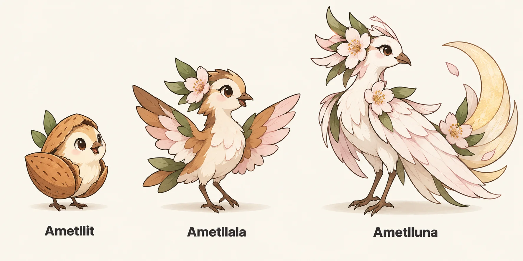 Ametllit, Ametllala, Ametlluna — línia evolutiva, d'esquerra a dreta