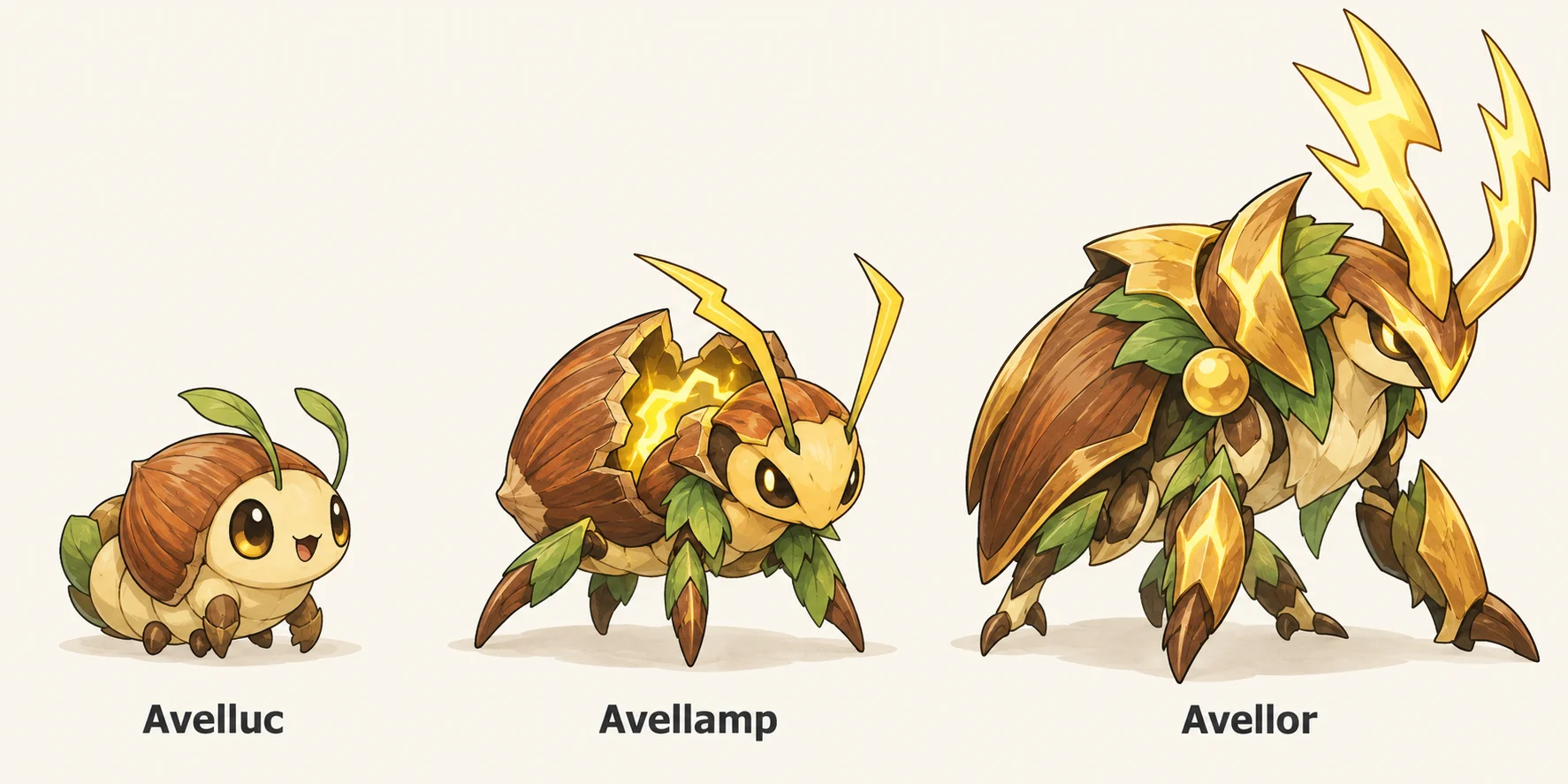 Avelluc, Avellamp, Avellor — línia evolutiva, d'esquerra a dreta