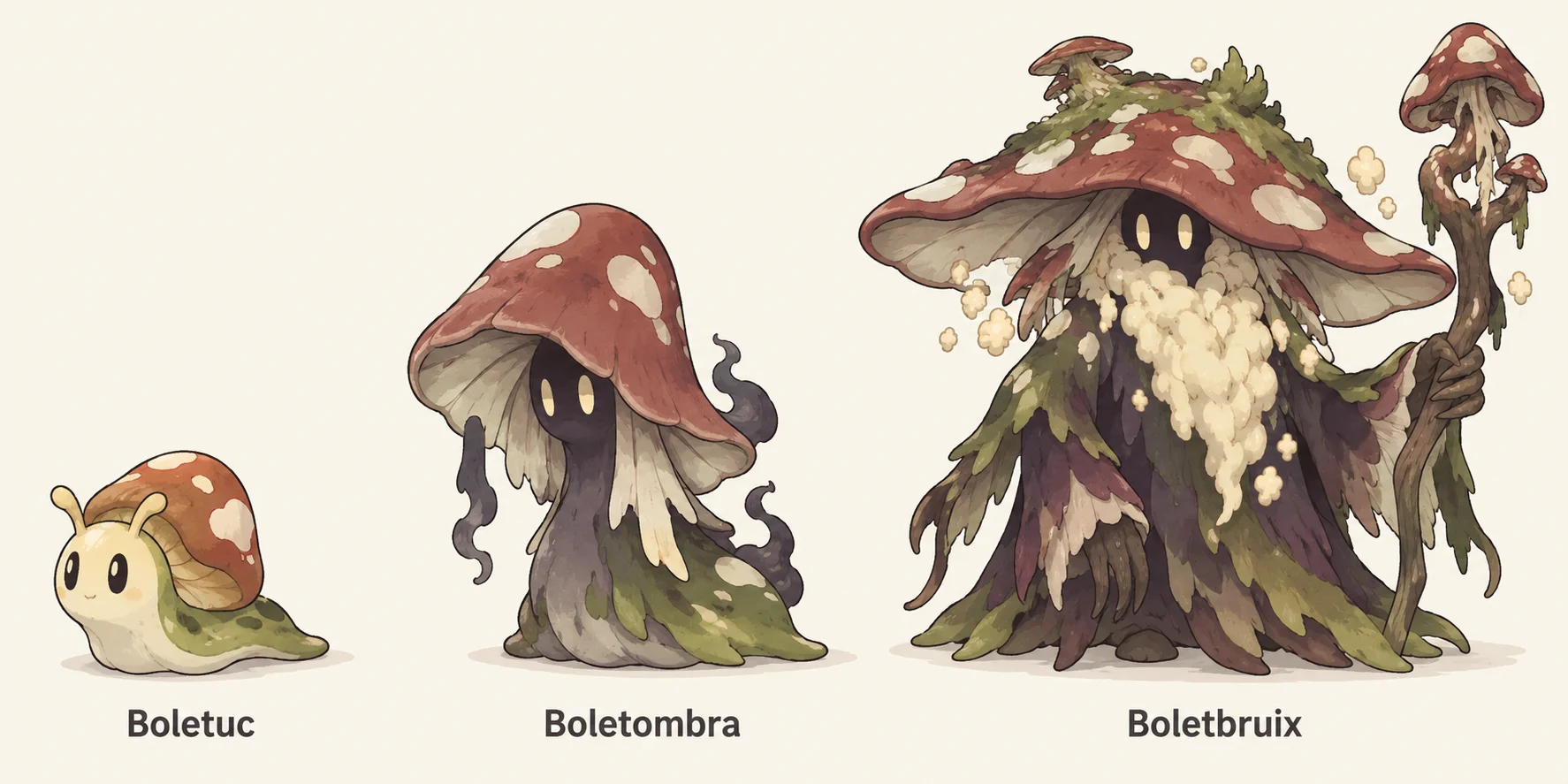 Boletuc, Boletombra, Boletbruix — línia evolutiva, d'esquerra a dreta