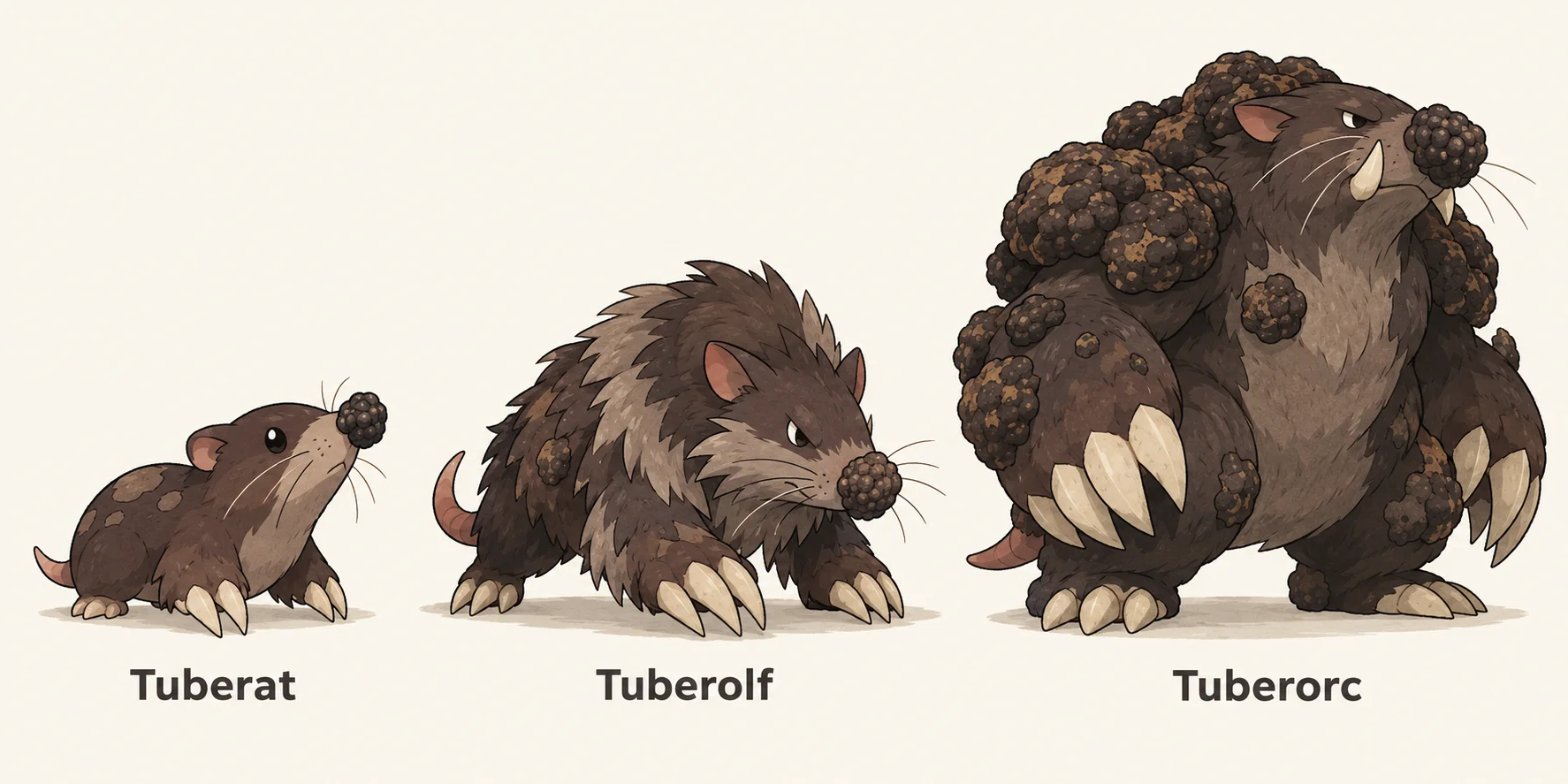 Tuberat, Tofonolf, Tuberorc — línia evolutiva, d'esquerra a dreta