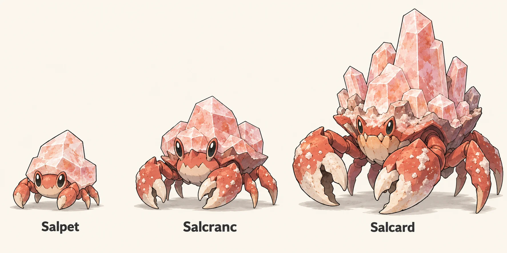 Salpet, Salcranc, Salcard — línia evolutiva, d'esquerra a dreta