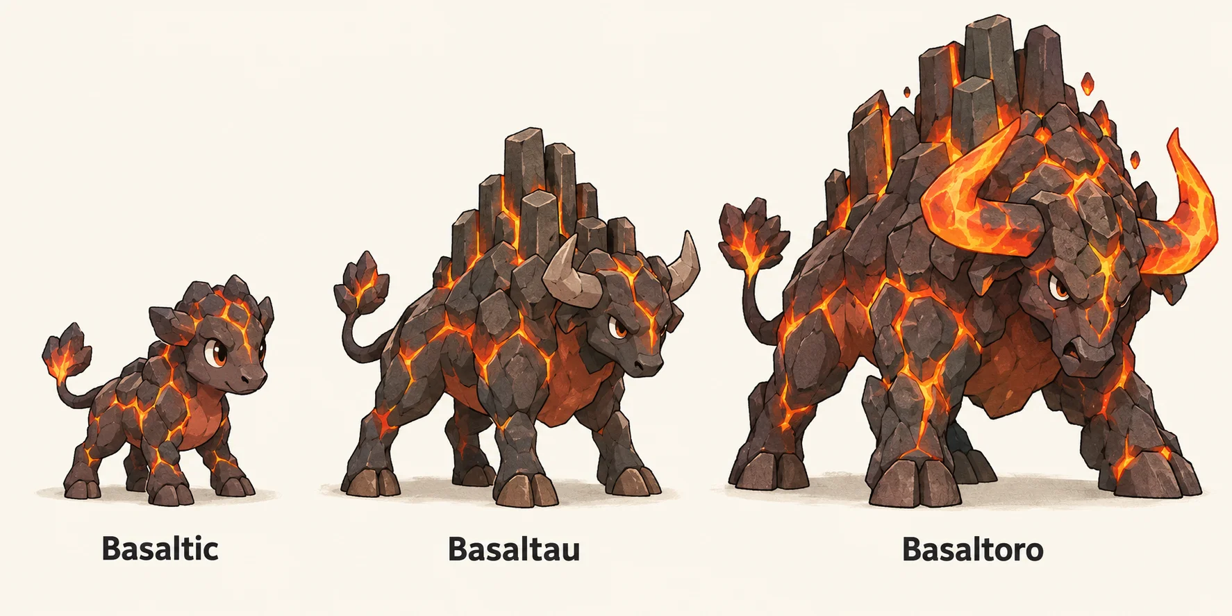 Basaltic, Basaltau, Basaltoro — línia evolutiva, d'esquerra a dreta