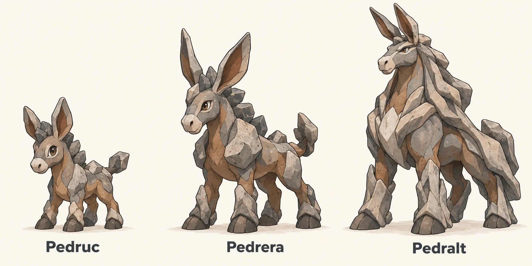 Pedruc, Pedrera, Pedralt — línia evolutiva, d'esquerra a dreta