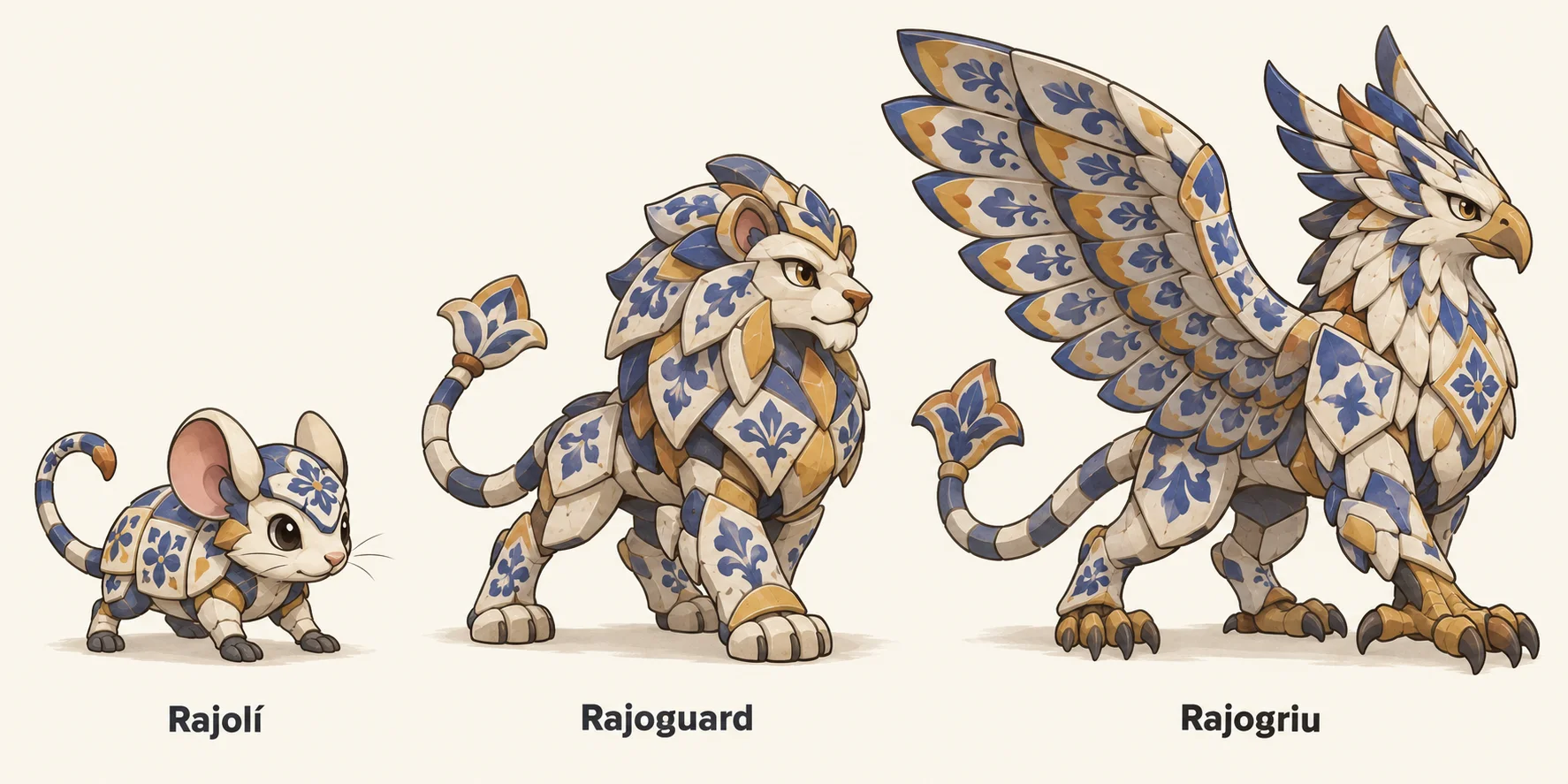 Rajolí, Rajoguard, Rajogriu — línia evolutiva, d'esquerra a dreta