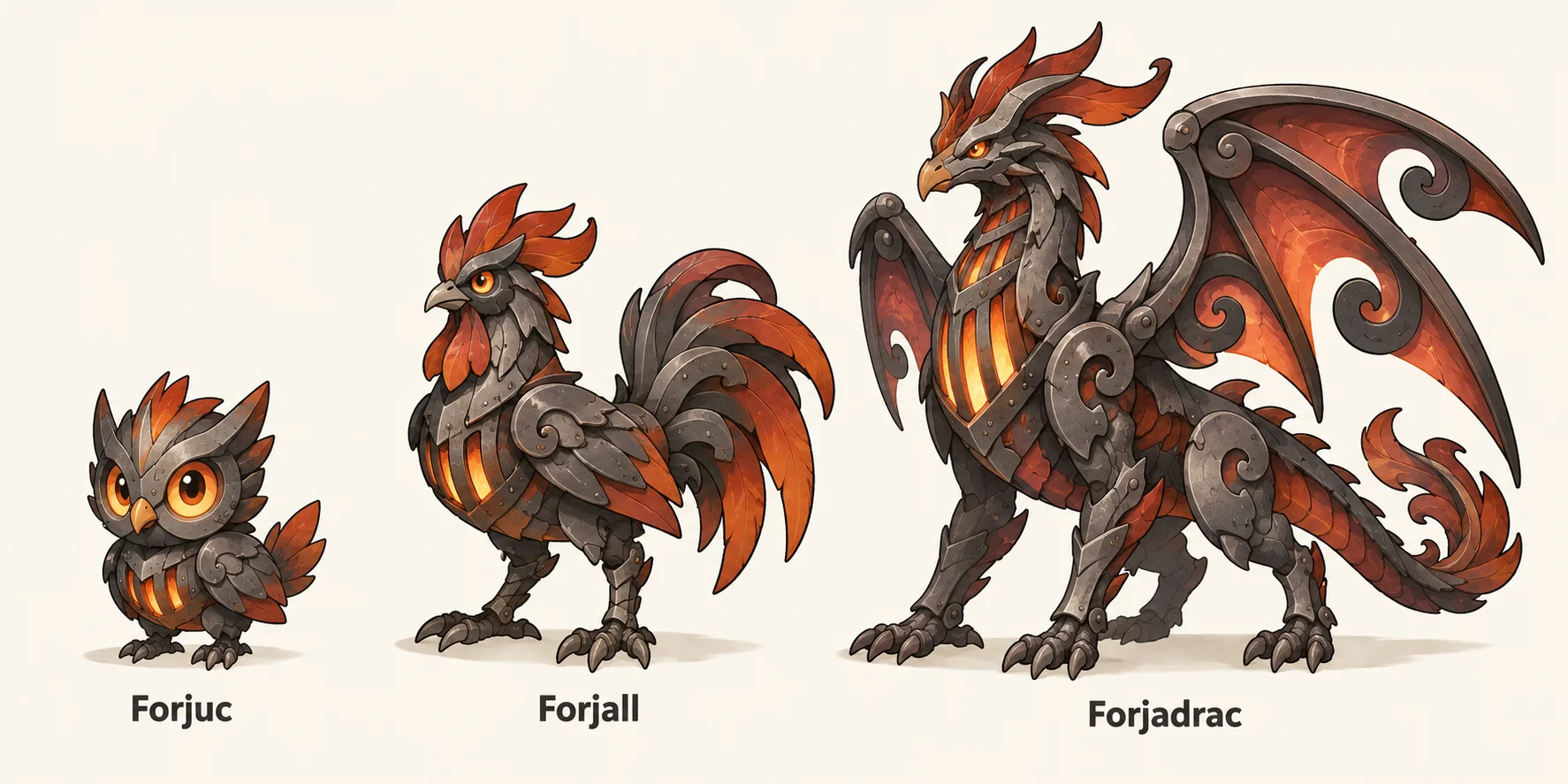 Forjuc, Forjall, Forjadrac — línia evolutiva, d'esquerra a dreta