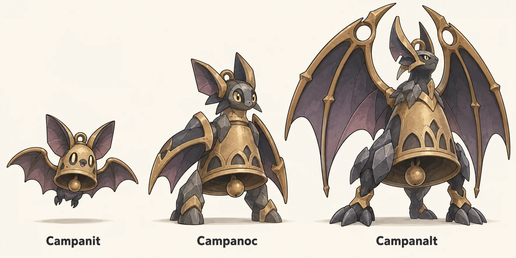 Campanit, Campanoc, Campanalt — línia evolutiva, d'esquerra a dreta