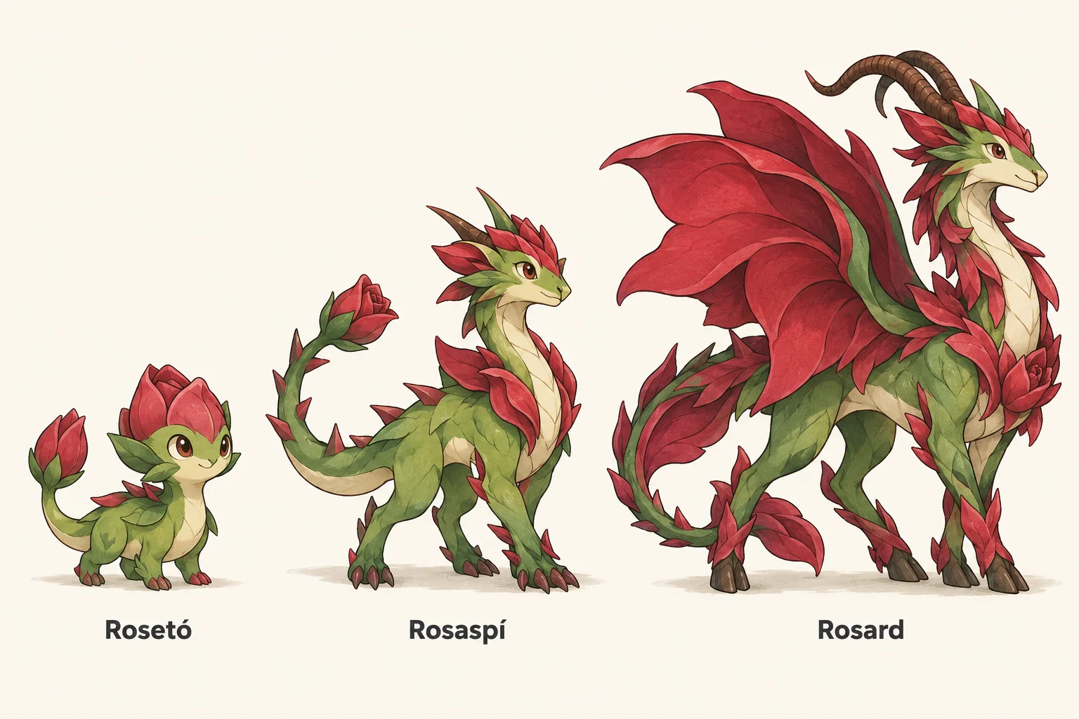 Rosetó, Rosaspí, Rosard — línia evolutiva, d'esquerra a dreta