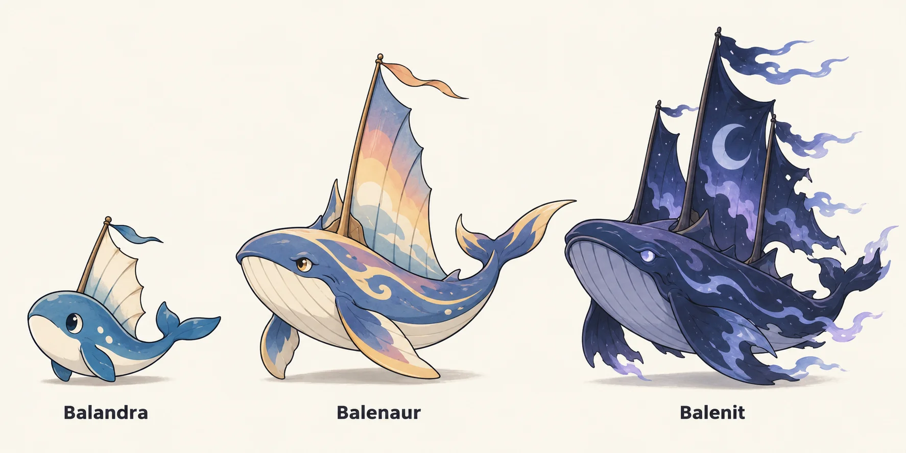 Balandra, Balenaur, Balenit — línia evolutiva, d'esquerra a dreta