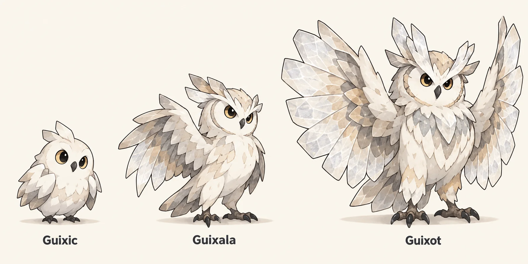 Guixic, Guixala, Guixot — línia evolutiva, d'esquerra a dreta